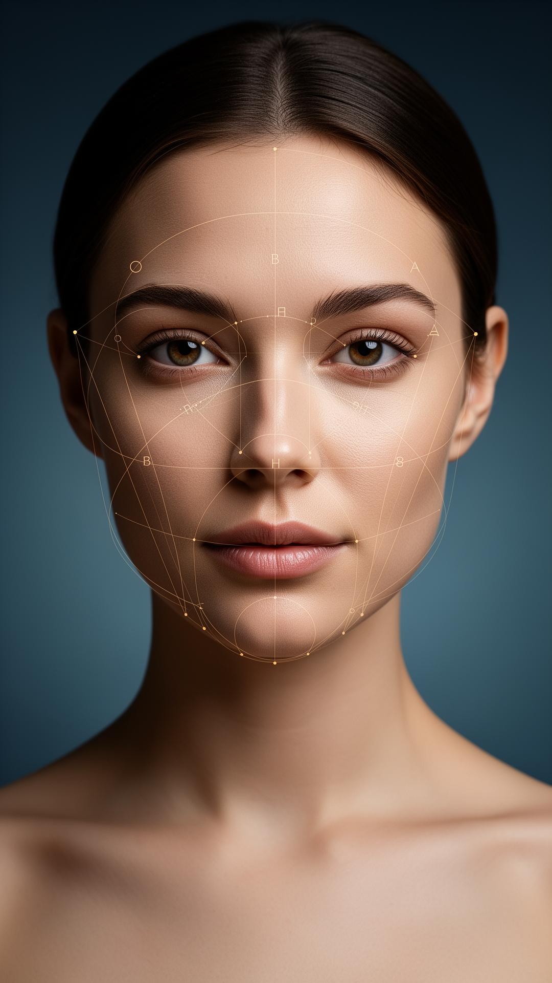 Editorial portrait with a phi-grid character analysis overlay